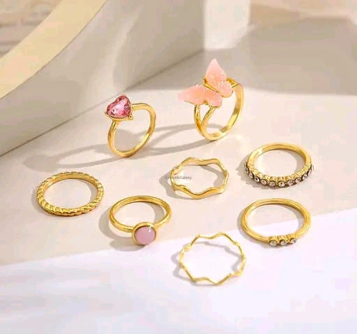 Gold Plated Pink Butterfly Stackable Rings Set of 8