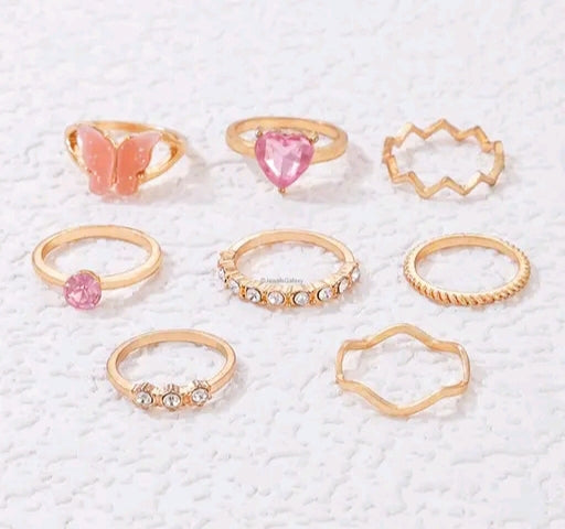 Gold Plated Pink Butterfly Stackable Rings Set of 8