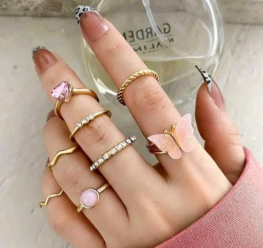 Gold Plated Pink Butterfly Stackable Rings Set of 8