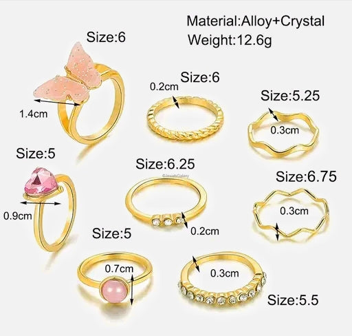 Gold Plated Pink Butterfly Stackable Rings Set of 8